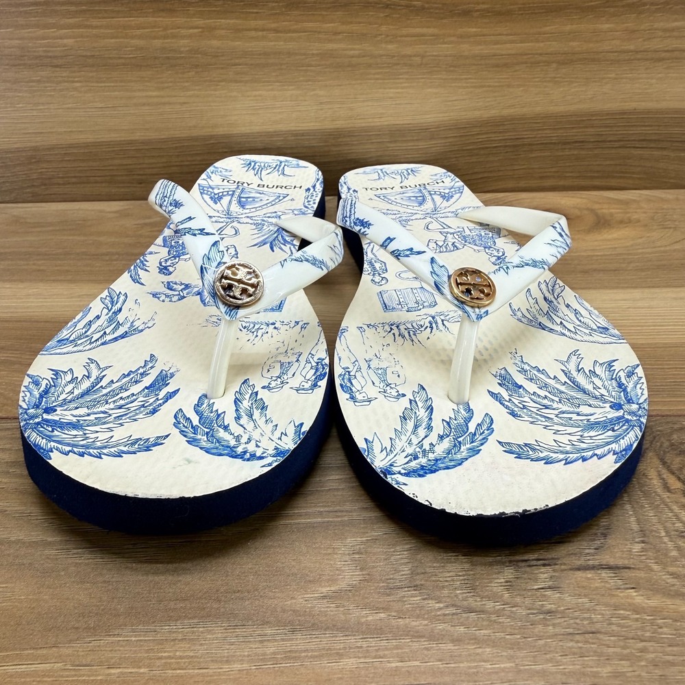 Tory Burch Far And Away Flip Flops Womens 8 M Blue Cream Travel Thong Sandals - Picture 4 of 10